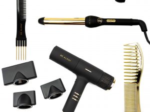 BE ALMAÍ Lightweight Professional Hairdryer, Wave & Curl Styling Wand, Gold Detangling & Dress Out Comb & Volume Comb Set