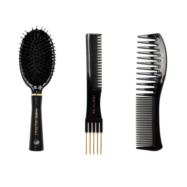 BE ALMAÍ Black Styling Brush, Volume Comb & Wide Tooth Comb Set