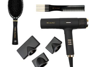 BE ALMAÍ Professional Lightweight Hairdryer, Black Dress Out Brush & Volume Comb Set